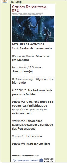 Macro geradora de aventuras RPG para o Roll20 (Grátis), RPG - Mestre Charles Corrêa